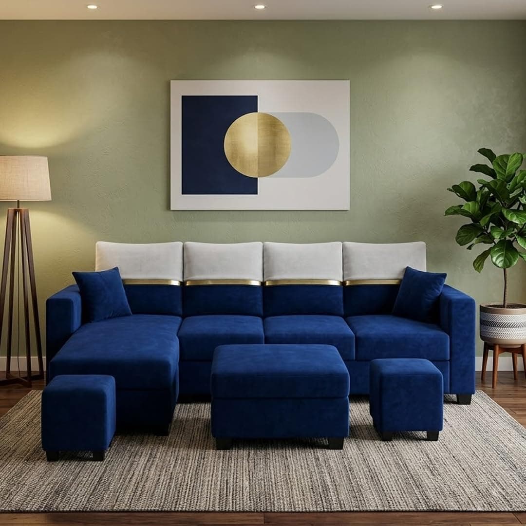 FURNY Arnoy 8 Seater Fabric LHS L Shape Sofa Set with 1 Centre Table & 2 Puffy (Blue) Premium Velvet Finish | Durable & Comfortable | Ideal for Living Room