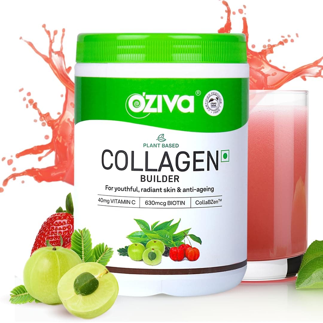 OZiva Vegan Collagen (Tangy Amla) for Skin, Hair & Nails | Plant-Based Collagen Peptides Supplement for Men & Women | Non-GMO, No Sugar Added | Powder, 200g (Pack of 1)