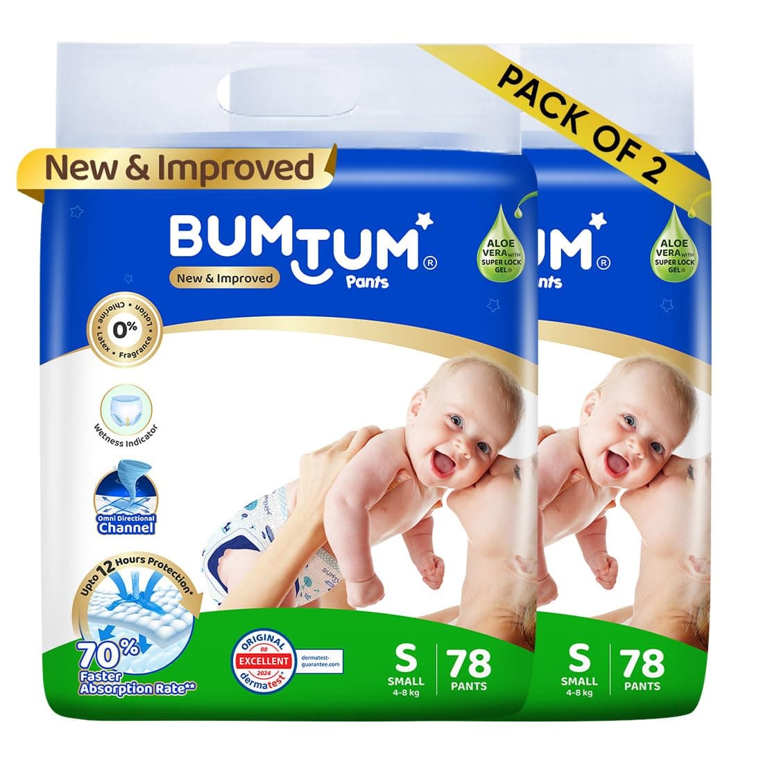 Bumtum Baby Diaper Pants, Small Size, 156 Count, Double Layer Leakage Protection Infused With Aloe Vera, Cottony Soft High Absorb Technology (Pack of 2)