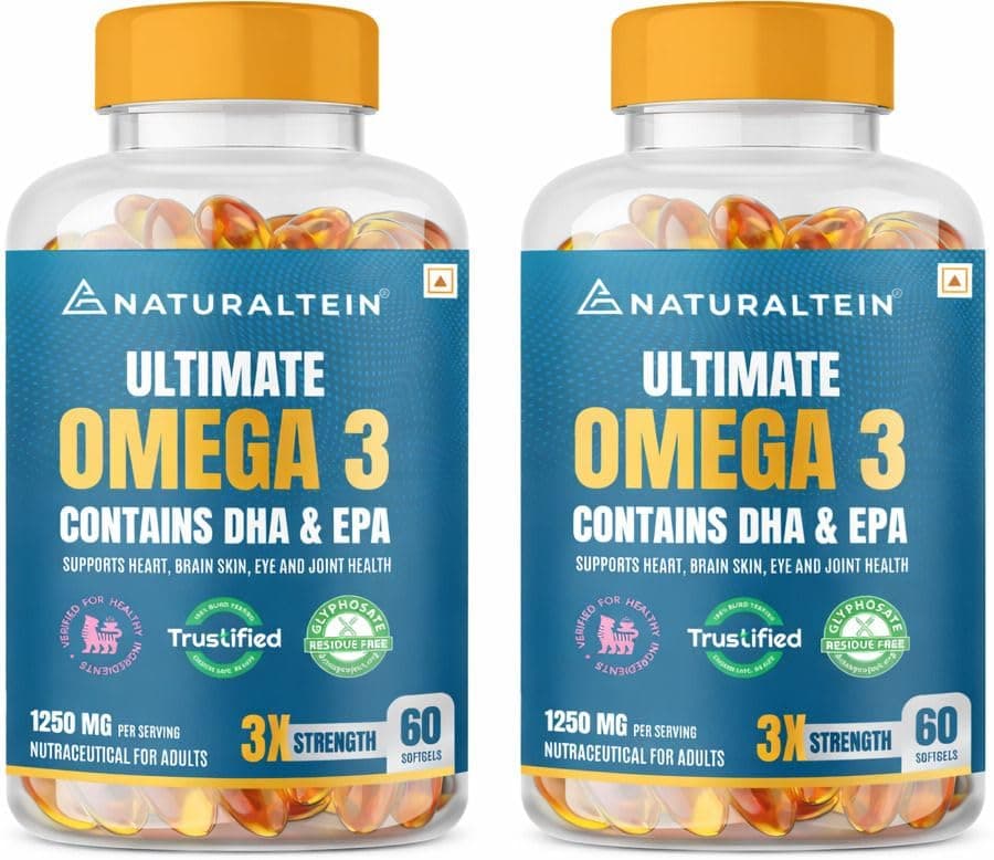 NATURALTEIN Omega-3 Fish Oil 1250mg Triple Strength Softgel Capsules | 450mg EPA & 300mg DHA in Triglyceride Form for Better Absorption | Heart, Brain, Eye & Joint Support | Glyphosate-Free | 60 Softgel Capsules Pack of 2 | 120-Day Supply