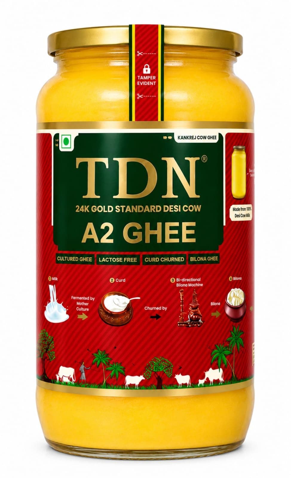 TDN A2 Ghee 1L | Traditional Bilona Method Desi Cow A2 Ghee | Cultured & Curd Churned | NDDB Lab Tested Purity | Grass-fed | Lactose Free | Glass Bottle