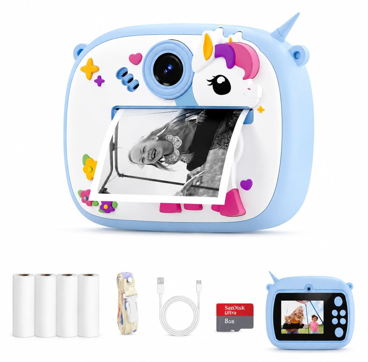 Camlet Instant Print Camera 48MP | Photo & Video, Creative Game for Kids Mini LED Digital 1080P HD Display | Long Lasting Battery Life, Ideal Gift for Birthday, Boys & Girls (4 Rolls + 8GB SD Card)