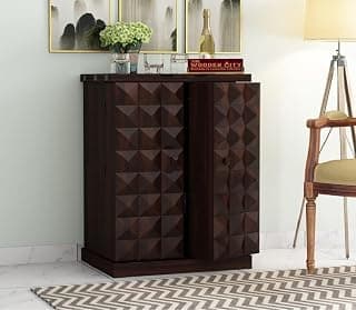 THE WOODEN CITY Solid Sheesham Wood Bar Cabinet Wine Storage Rack with Drawer & Glass Holder, Wooden for Home and Bar Furniture (Walnut2door, Standard)