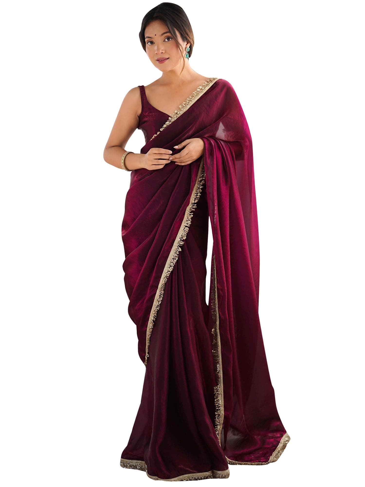 AKHILAM Women's Shimmer Satin Solid Saree With Unstitched Blouse Piece (AARYAN14901_KR_Parent)