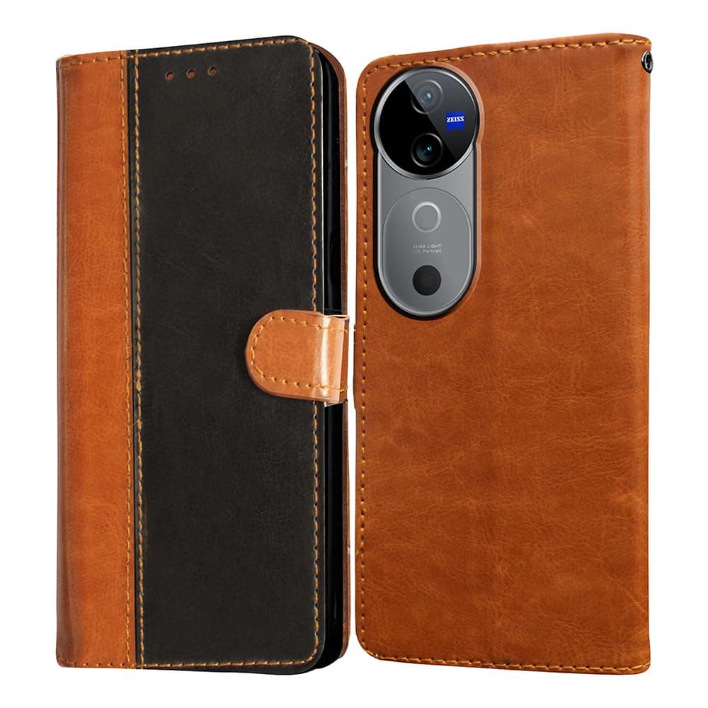 Amazon Brand-Solimo Flip Leather Mobile Cover (Soft & Flexible Back case) for Vivo V40 5G / V40 Pro 5G (CamelBlack)
