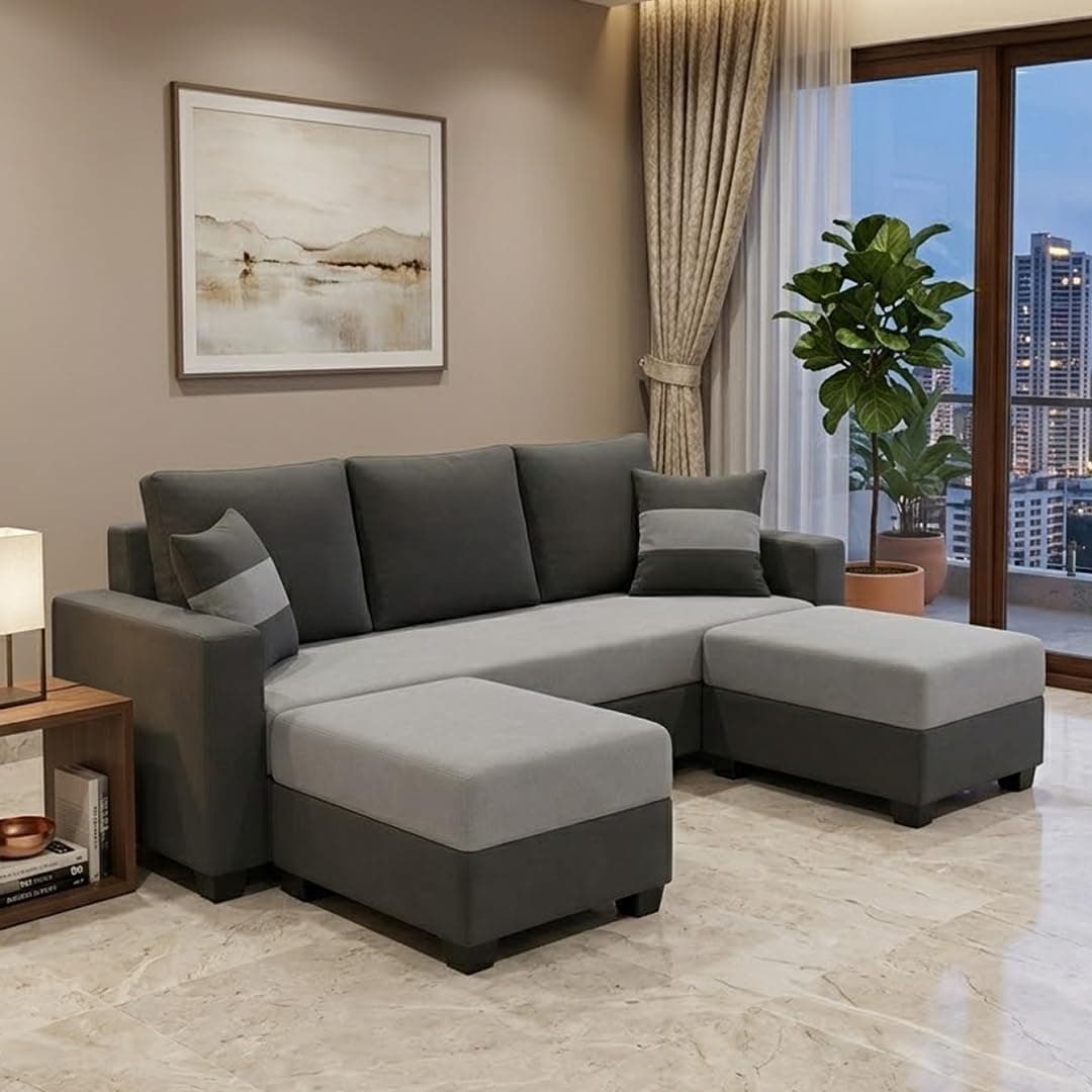 FURNY Aura 5 Seater L Shape Sofa Set with 2 Movable Ottoman | Flexible Left or Right Layout | Plush Velvet Fabric (Light Grey-Dark Grey) | Perfect for Living Room, Guest Room & Office