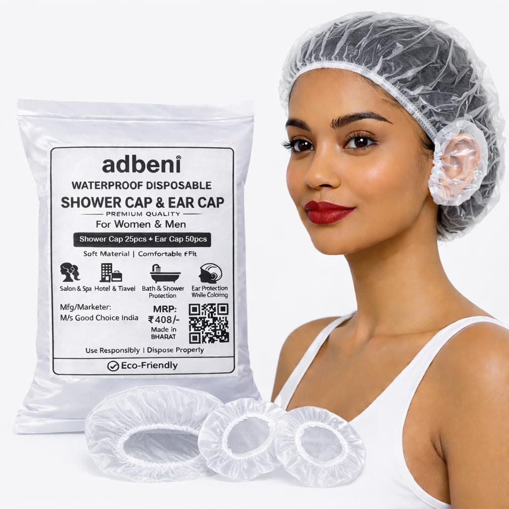 Adbeni Waterproof Disposable Hair Cap + Ear Cap for Women & Men, Clear Plastic Spa, Salon, Food Handling, Hotel, Travel & Dyeing High Quality Bath Shower Protection Hat for Bathroom, Beauty Treatments