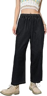 Shasmi Girl's & Women's Denim Cotton Elastic Waist Cropped Straight Ankle Length Wide Leg Casual Baggy Jeans for Women, Trousers Pant for Women (Jeans 239)