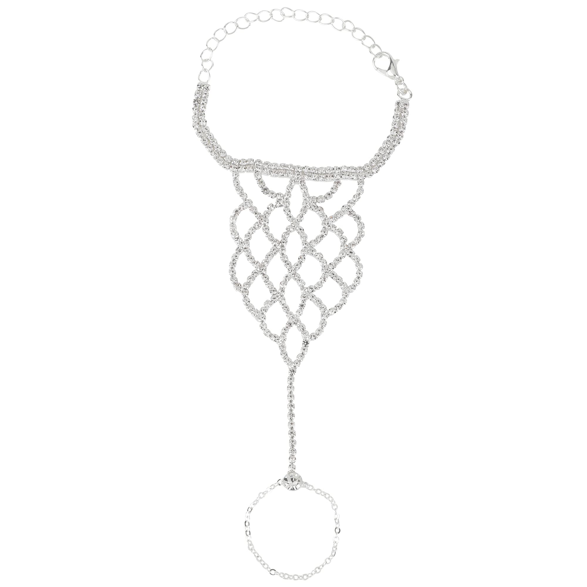 Aaishwarya Crystal Studded Silver Chain Ring Bracelet for Women | Hand Harness Jewelry, Stylish Party Bracelets, Pack of 1