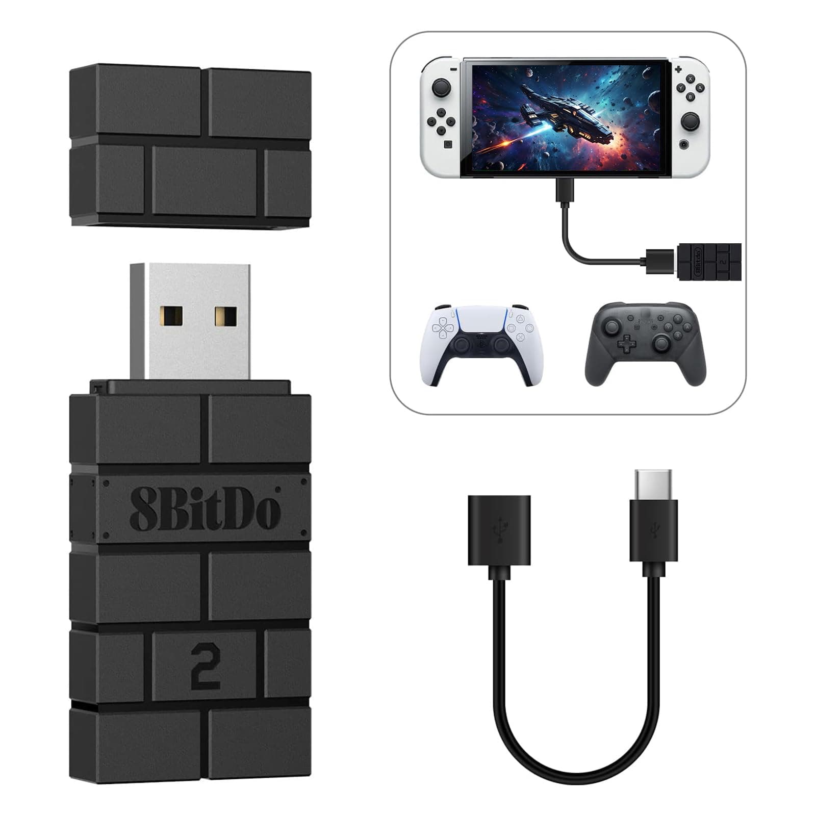 8Bitdo Wireless USB Adapter 2, Bluetooth Controller Adapter for Xbox Series, Switch, PS5, PS4, PS3, PC, Android, Raspberry Pi, Retrofreak (Black)