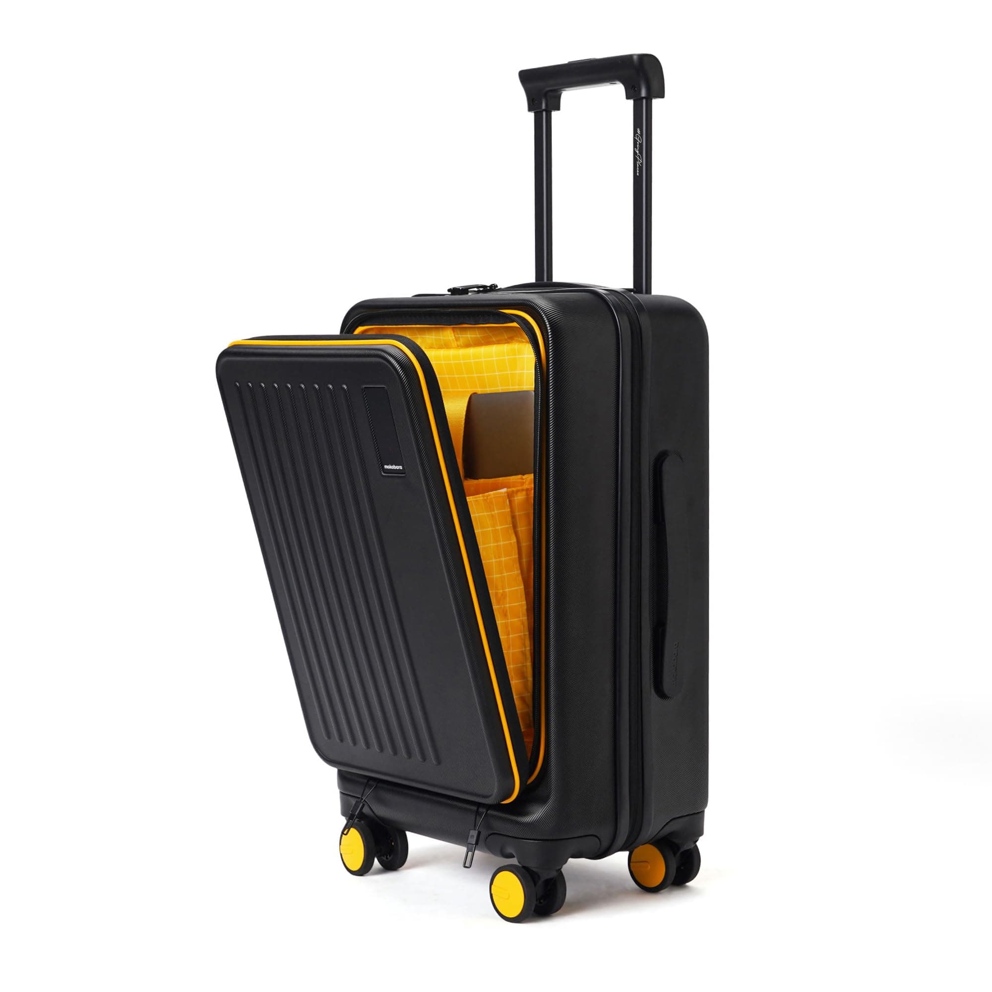 MOKOBARA Transit Cabin Pro Luggage Trolley Bag-56cm(40L),Polycarbonate Hardshell,Front Tech Compartment Fits 15.6" Laptop,TSA Lock,8 Silent Wheels,for 3-5 Days Trip,Black&Yellow(Money Moves Sunray)
