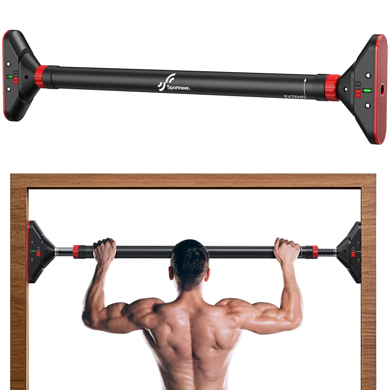 Sportneer Pull Up Bar Adjustable 75-94Cm Length Max Load 200KG Hanging Rod For Height Increase No Screws Hanging Bar For Push Up Chin Up For Home Workout Gym(Red & Black)