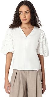 VERO MODA Women's V-Neck Puff Sleeves Solid Regular Fit T-Shirt