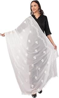 Chiffon White Embroidered Dyeable Dupatta for Women | Ethnic Indian Dupatta for Party and Casual wear | Lightweight, Soft & Flowing Fabric perfect to Pair with Kurti & Salwaar suit (ND16)