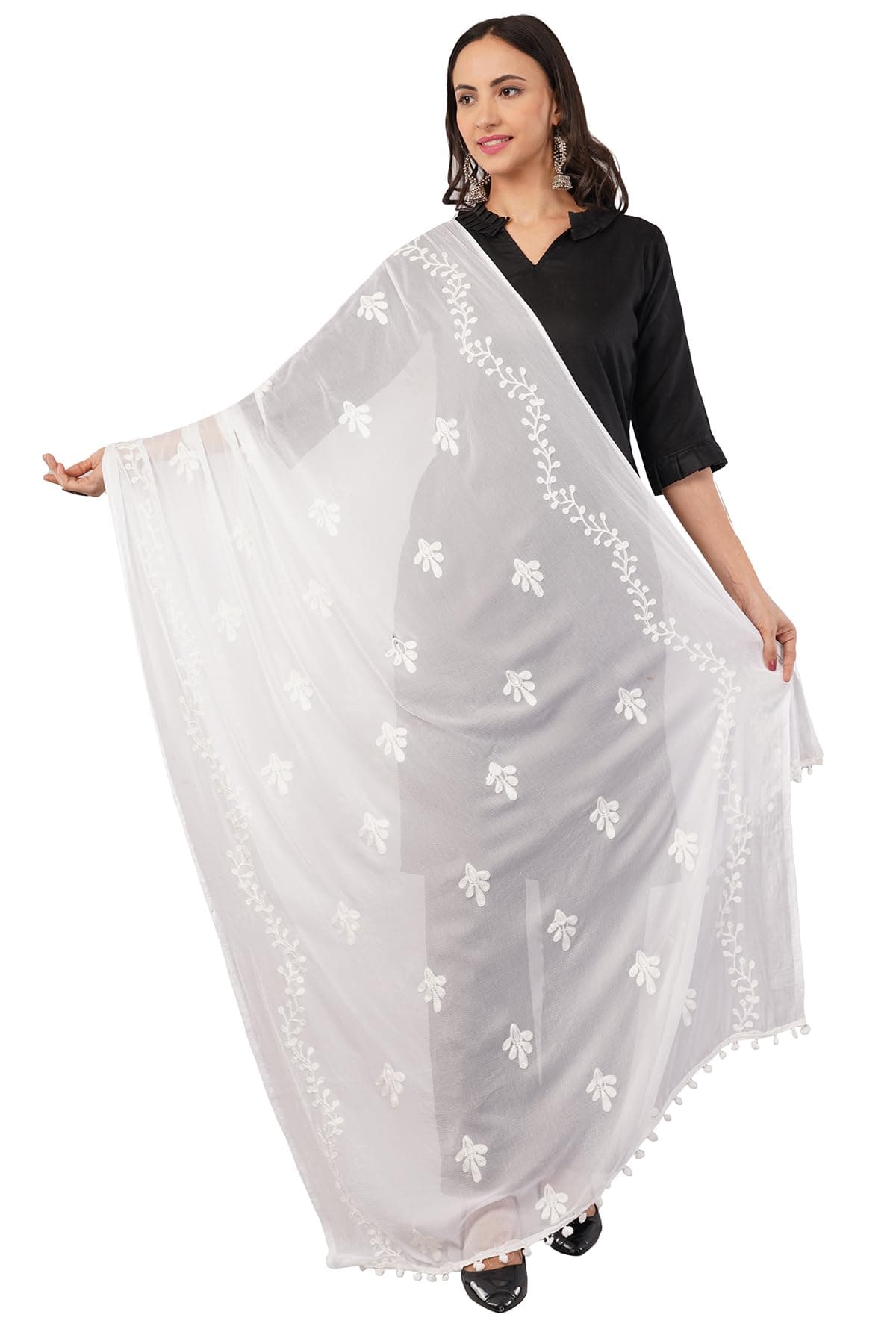 Negchaar White Embroidered Chiffon Dupatta for Women | Soft Flowing | Lightweight Flowing Fabric | Ethnic Chunni & Odhani | Wedding & Bridal | Kurti & Salwar Suit