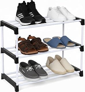 PulGos 3-Tier Black Shoe Rack: Multipurpose Portable Footwear Organizer & Storage Stand | Durable Plastic & PVC | Easy to Assemble, Space Saving Design for Home, Living Room, Entryway & Office
