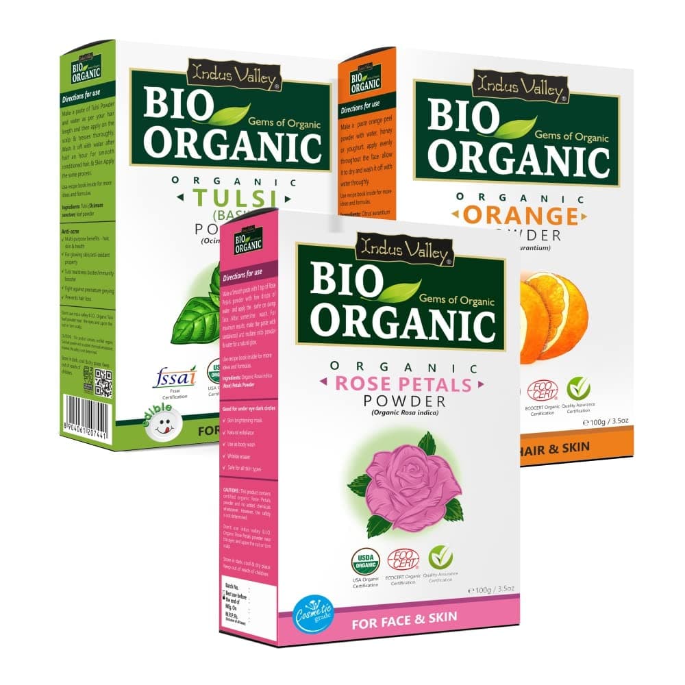INDUS VALLEY BIO Organic Rose Petals Powder | Rosa indica, Orange Peel Powder | Citrus aurantium & Tulsi Powder | Ocimum Sanctum - (100x3 = 300g)