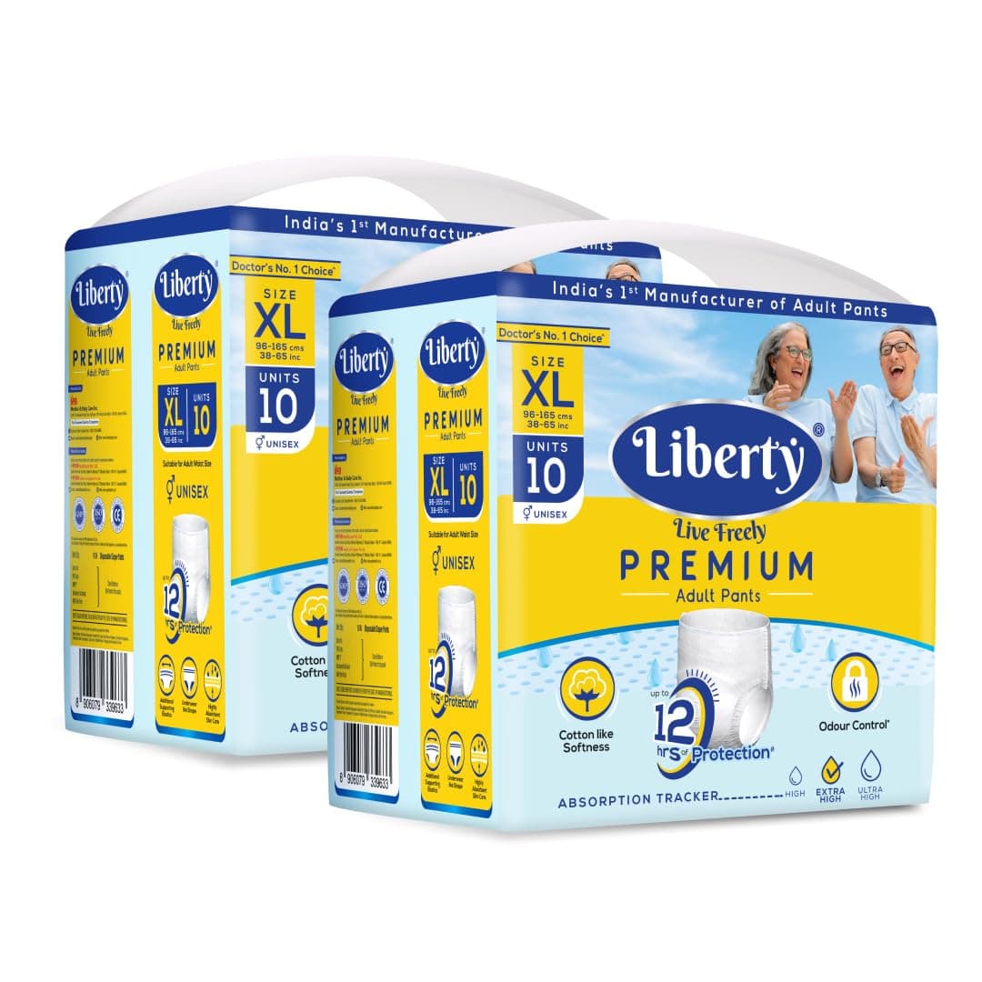 Liberty Premium Adult Diaper Pants, Extra Large (XL) 20 Count, Waist Size (96-165cm | 38-65 inches), Unisex, Leak Proof, Extra Elastics, High Absorbency, 12 Hrs protection, Pack of 2, 10 count/pack