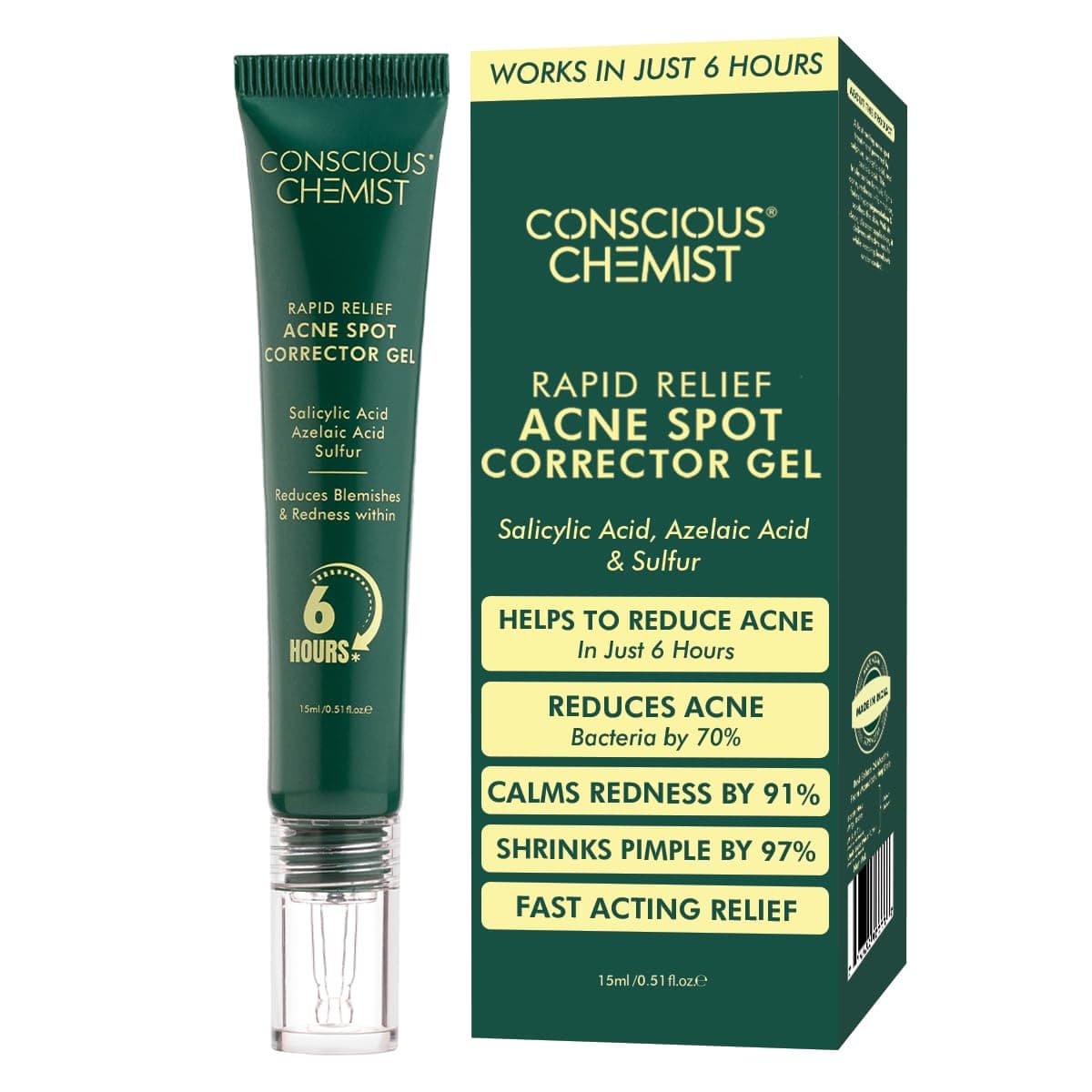 Conscious Chemist® Rapid Relief Acne Spot Corrector Gel | 15g | Triple-Action Treatment with 2% Salicylic Acid & Azelaic Acid | Clears Pimples, Reduces Redness & Fades Dark Spots | For Men & Women