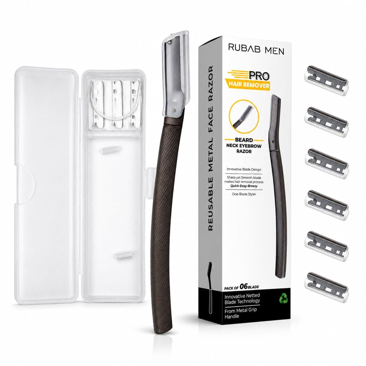 RUBAB MEN Pro Metal Face & Beard Razor with 06 Blades | Precison Beard Styling Pen Razor for Eyebrow, Facial & Body Hair Remover| Comes with Travel Case