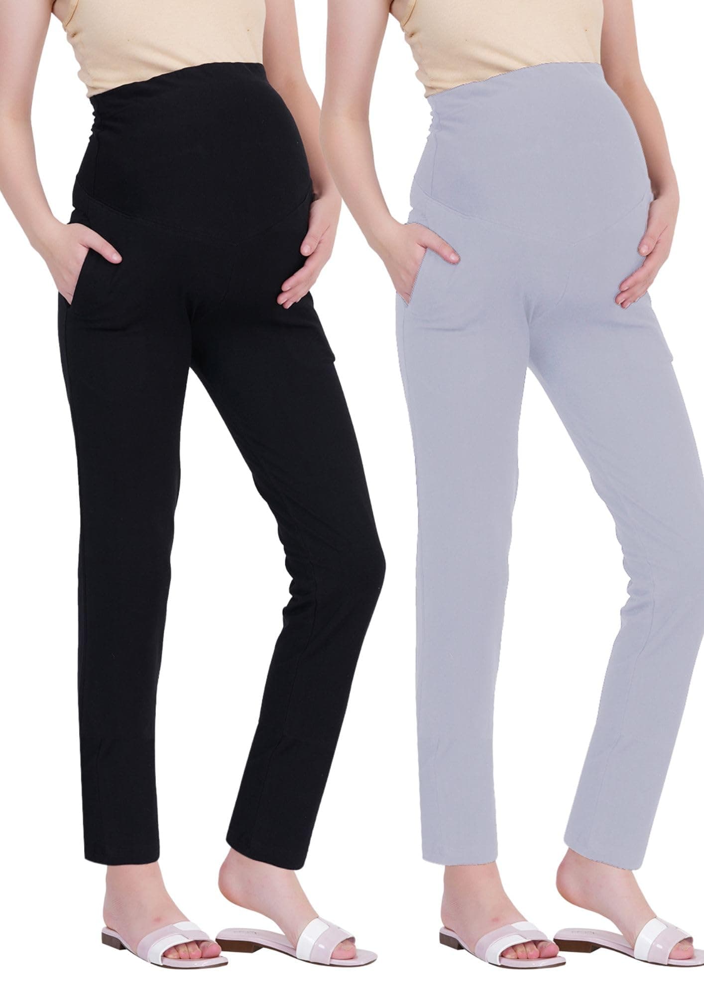 litelooks clothing Women's Maternity Leggings with Pockets – Comfortable, High Waist Support and Stretchable Pants for Pregnancy - Pack of 2