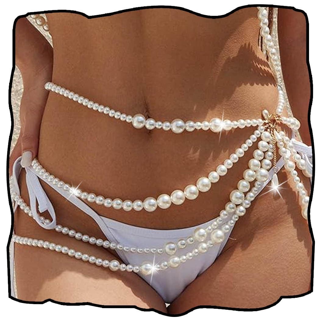 RECTYO GALLERY 1 Pcs Premium white Pearl Waist Chain Layered Belly Body Chains Bikini Belly Chain Beach Rave Party Body Accessories for Women and Girls Pearl