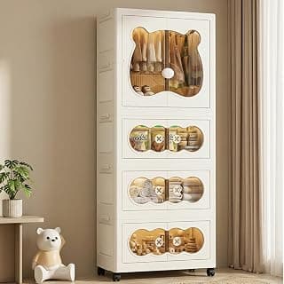 StarAndDaisy Kids Bear Wardrobe/Multifunctional Collapsible Plastic Wardrobe/Almirah for Baby/Kids- Storage Cabinet – Dustproof Organizer for Baby Clothes, Toys & Books with Wheels & Hangers- Beige