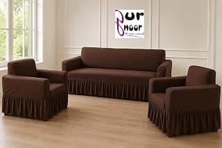 Gurnoor™ Sofa Cover 5 Seater Fully Covered Universal Polycotton Spandex Sofa Cover with 360° Frill Non-Slip Sticky Elastic Stretchable Sofa Set Slipcover for (3+1+1 Seater) (Brown)