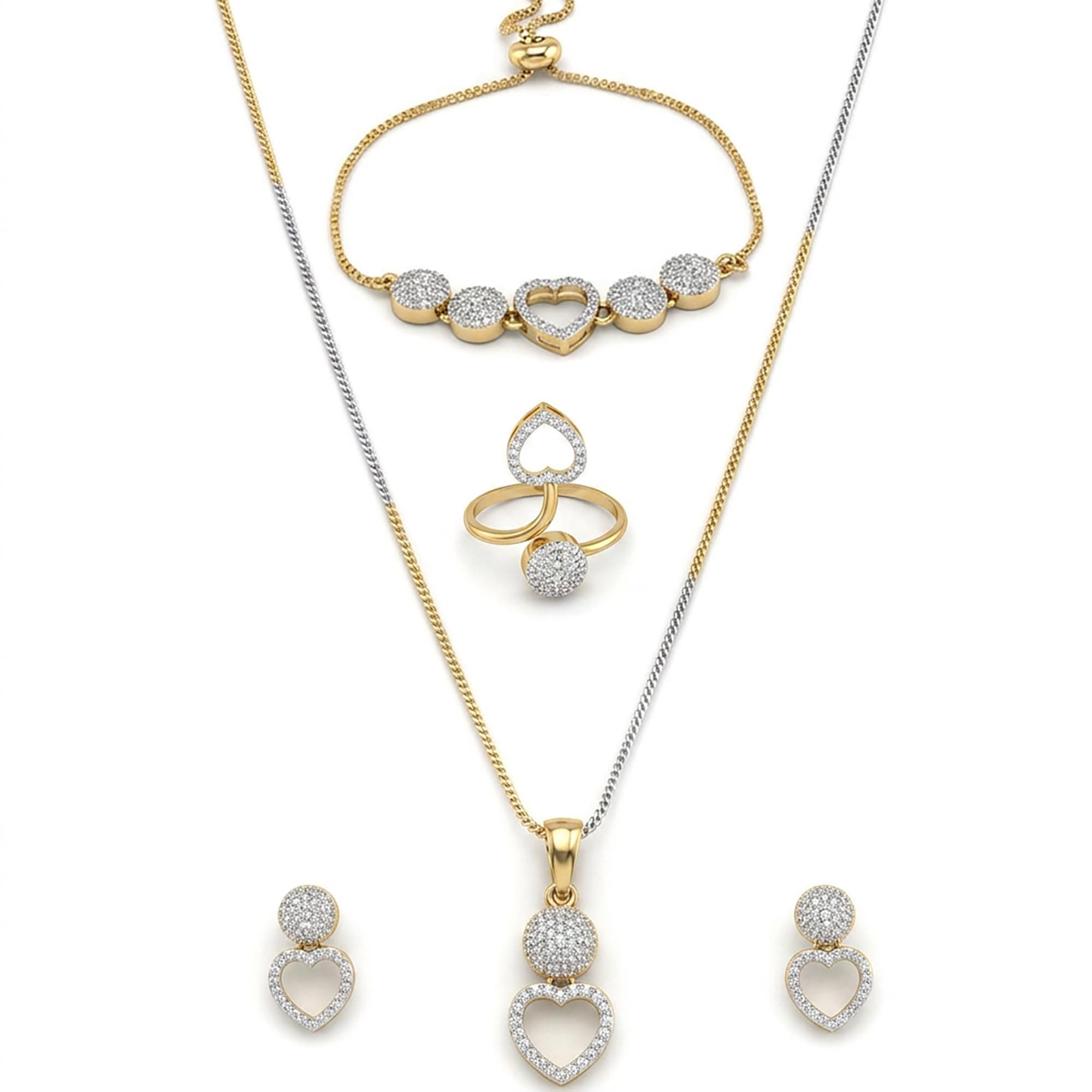ZENEME Jewellery Set for Women American Diamond Necklace Set with Earrings, Bracelet and Ring Jewellery for Girls and Women (Heart-)