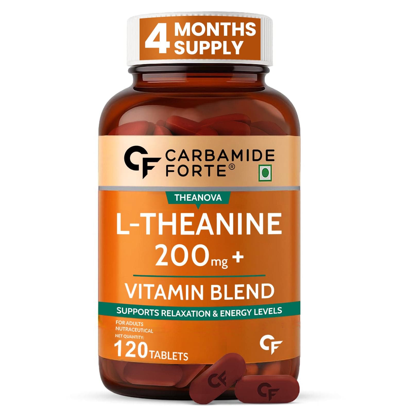 Carbamide Forte L Theanine 200mg with Vitamin B Complex | L Theanine Supplements for Relaxation, Mood, Focus & Energy Levels | Stress Support Formula – 120 Veg Tablets