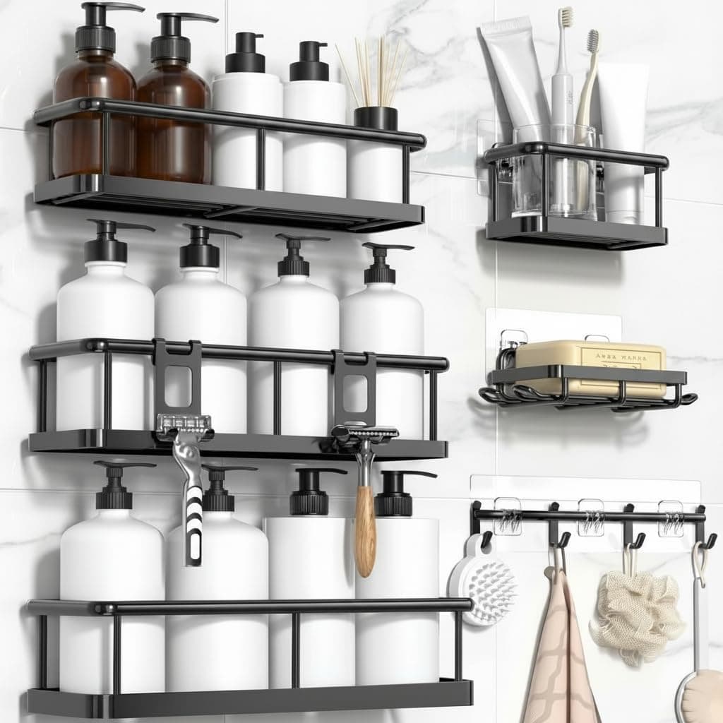 URBANMONK 6 Pcs Bathroom Organiser Without Drill |Bathroom Accessories Set | Bathroom Stand for wall Toothbrush, Soap and Shampoo Holder