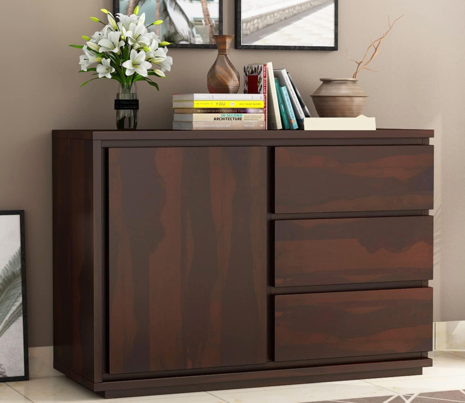 SHIKHA WOOD CRAFT Solid Sheesham Wood Sideboard Cabinet with 3 Drawers and 1 Door Storage | Multipurpose Wooden Chest of Drawers Furniture for Bedroom, Home, Living Room, and Office (Walnut Finish)