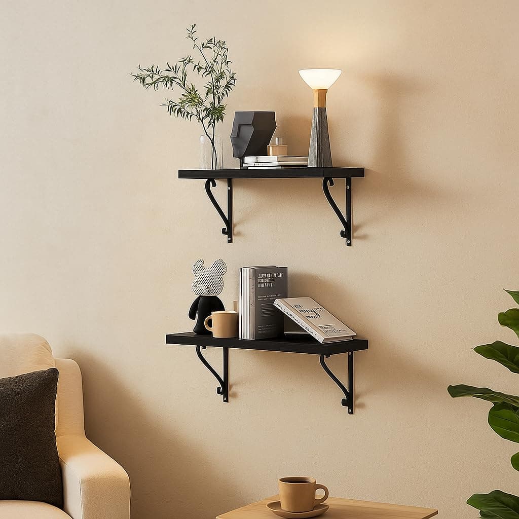Mighty Home Wall Mounted Wooden Shelf | Floating Shelf with Black Metal Frame | Wall Shelf for Books, Plants & Home Decor | Modern Wall Rack for Living Room & Office | Medium | Black