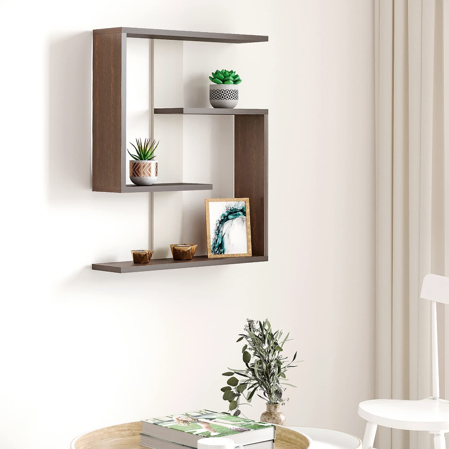 BLUEWUD Easton Engineered Wood Wall Decor Floating Shelf Display Rack Decorative Hall Décor for Living Room Home Furniture (Wenge & White)