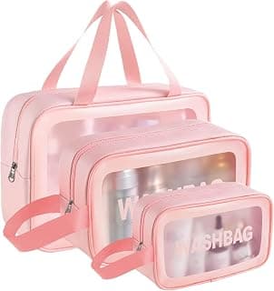 Catron Waterproof Makeup Pouch Bag for Women Travel Kit Washbag Pink Faux Leather, Traveling Cosmetics, Brushes & Accessories Box Toiletry Organiser with Clear Window, Set of 3 (Pink)
