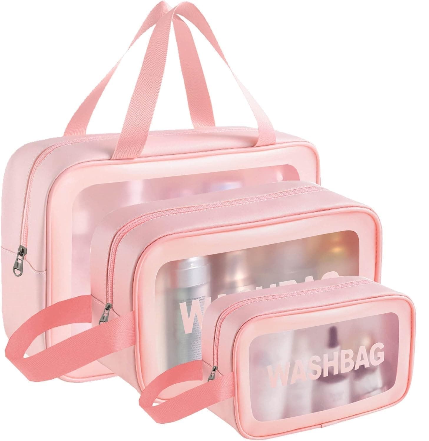 Catron Waterproof Makeup Pouch Bag for Women Travel Kit Washbag Pink Faux Leather, Traveling Cosmetics, Brushes & Accessories Box Toiletry Organiser with Clear Window, Set of 3 (Pink)