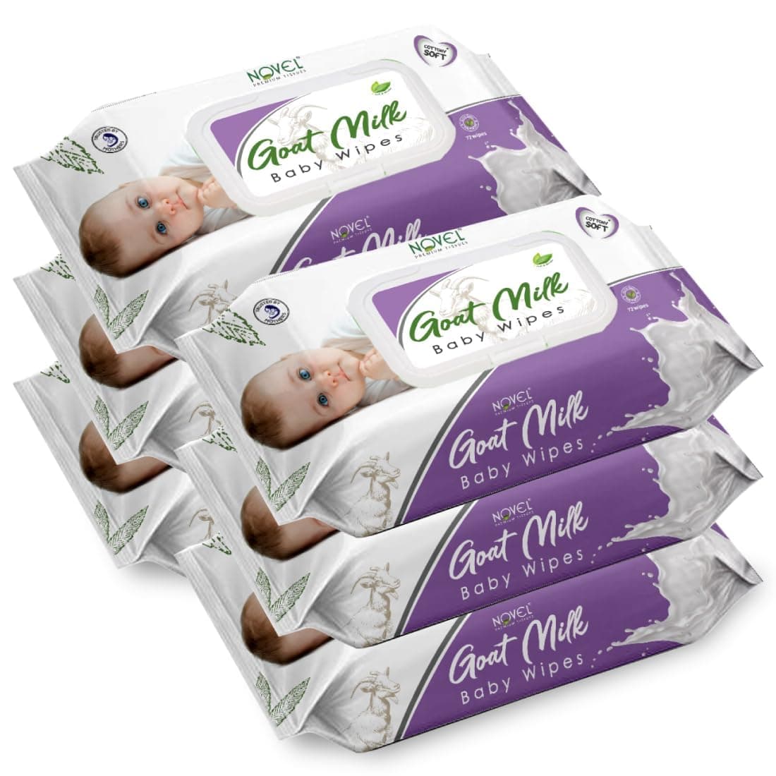 Novel Goat Milk Baby Wipes 72 Wipes x Pack of 6 (432 Wipes) | Caprae Lac, Aloe Vera, Vitamin E Enriched | pH Balanced, Alcohol, Hypoallergenic & Paraben-Free | Extra Thick & Moist wet | Anti Rash Soft Gentle Baby Wipes with Lid