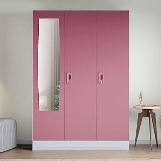 Interio by Godrej Almirah Slimline 3-Door Steel Almirah, Cupboard for Clothes (Royal Ivory and Dusty Rose), 1-Year Warranty, 7 Shelves, 1 Locker, Star Design Mirror