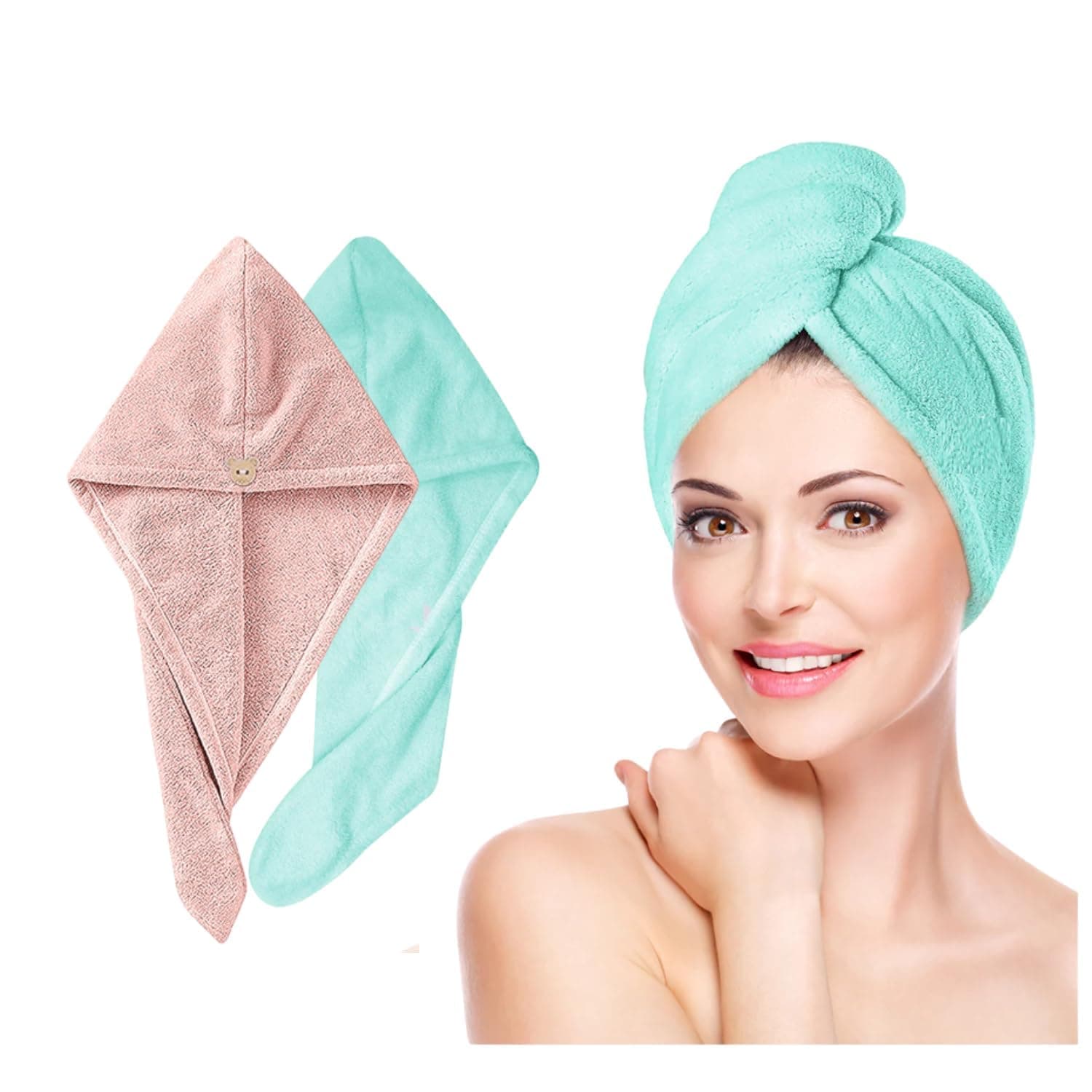 Krujyam Microfiber Hair Towel Wrap,Quick Dry Hair Drying Towel for Women,Ultra Soft Absorbent Hair Turban with Button Closure,Anti Frizz Lightweight Hair Wrap (2, Orange & Pista)