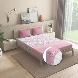 Wakefit Cotton Fitted Bedsheet | 200 TC Elastic Fitted Sheet, King Bed Bedsheet with 2 Pillow Printed Covers | Florenza - 78X72 Inches, Pink