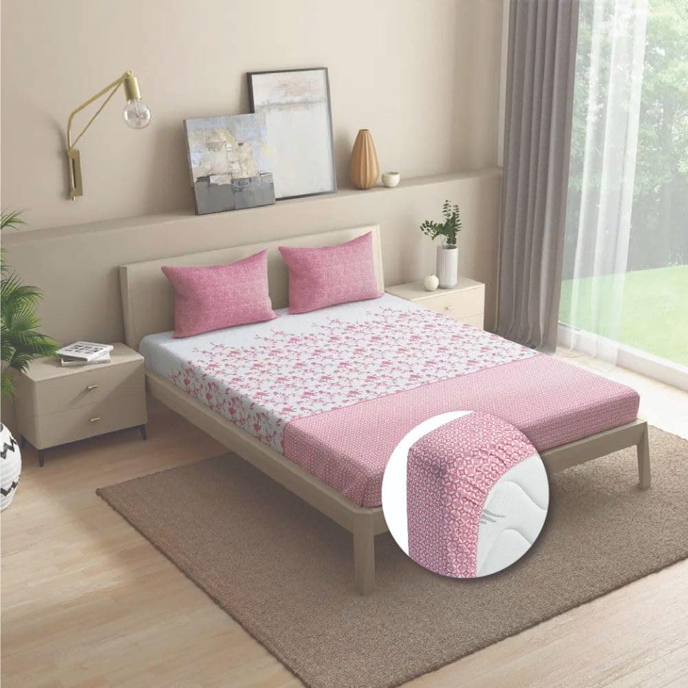 Wakefit Cotton Fitted Bedsheet | 200 TC Elastic Fitted Sheet, King Bed Bedsheet with 2 Pillow Printed Covers | Florenza - 78X72 Inches, Pink