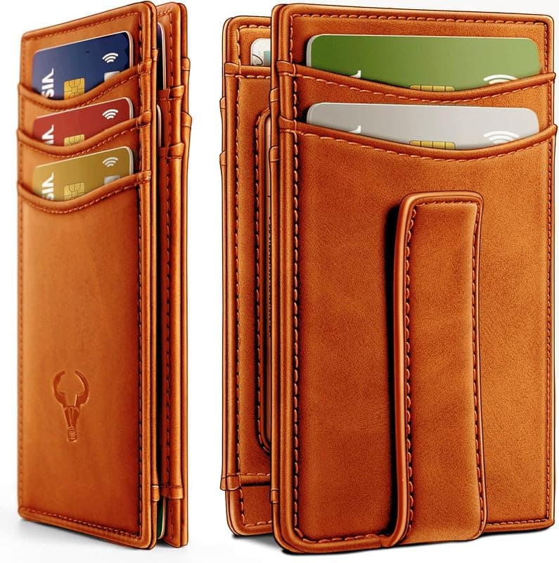 Contacts RFID Blocking Magnetic Closure Slim Genuine Leather Front Pocket Wallet for Men Holds up to 12 Cards Including 1 ID Window Along with Money Clip (Tan)