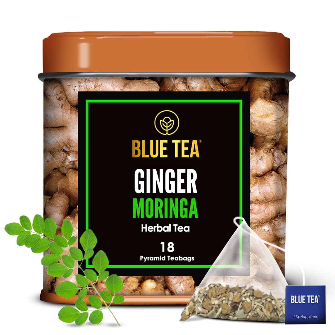 BLUE TEA - Ginger Moringa Tea Bags - 18 Tea Bags || HEALTHY SUPERFOOD || Blend Of Indian Ginger And Fresh Moringa | Caffeine Free Herbal Tea | Tin Pack