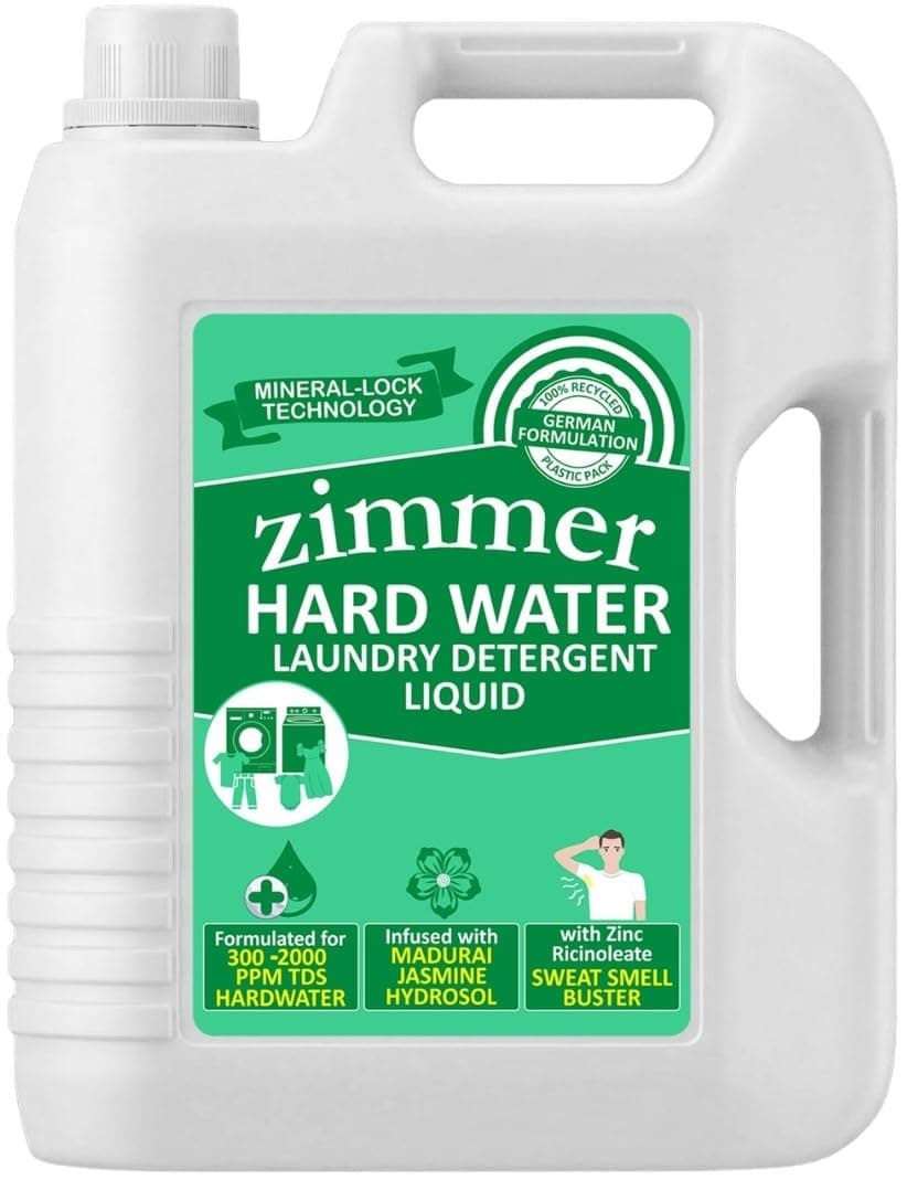 Zimmer Hard Water Detergent Liquid- 5L with Mineral Lock Technology | Infused with Madurai Jasmine Hydrosol & Zinc Ricinoleate | Best for Front & Top Load Machines