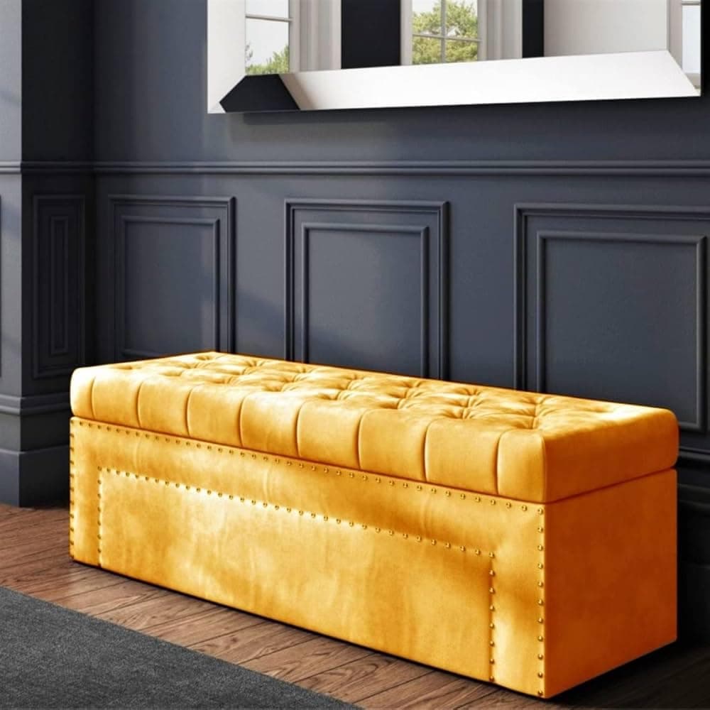 LEGACY OF COMFORT Roman Velvet Upholstered Ottoman Ripit with Storage 2 Seater Sofa Storage Box Footstool Toy Chest Shoe Bench Seats and Bed End Storage (Mustard)