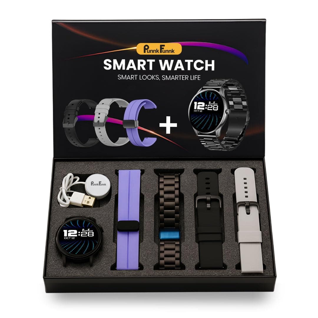 PunnkFunnk H20 Black Dial Smart Watch Combo 1.49" AMOLED Display with 4 Straps, Crown Control, Bluetooth Calling, 100+ Sports Modes, IP67, SPO₂ & Health Tracking, for Men & Women (Black Dial)