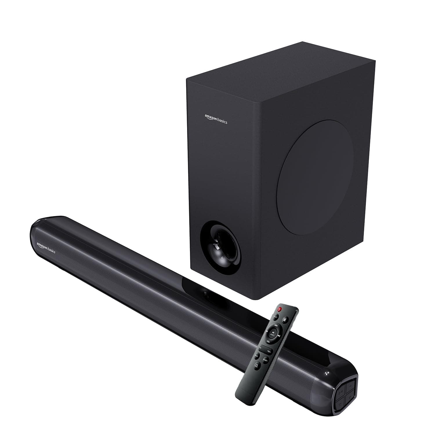 amazon basics 90W Soundbar with Wired Subwoofer | 2.1 Channel Home Theatre|Bluetooth 5.3, HDMI ARC, USB, AUX | Deep Bass Subwoofer | Remote Control | Soundbar for Smart TVs, Gaming & Music (Black)