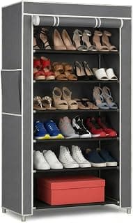 EASY BUY Economy Shoe Rack for Home with Cover Grey, Plastic Rack 6 Shelves with Zip Door Cover & Side Pocket, Dustproof Storage Organizer for Footwear, Toy, Shoe Rack Plastic, Slipper Stand