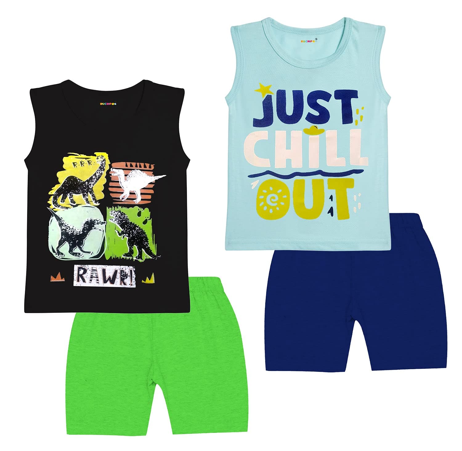 Kuchipoo Boys Sleeveless Cotton T-Shirt and Short Set (KUC-NSUT-106-12-18 Months, Pack of 2) Multicolour