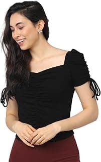 Tokyo Talkies Women's Short Sleeves Square Neck Solid Tops| Stylish | Casual Wear